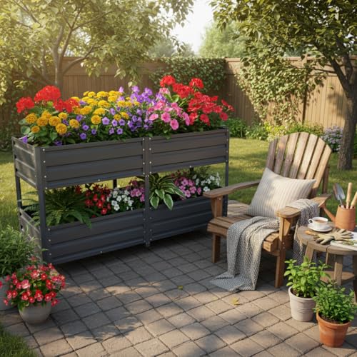 KEIKI Grey Outdoor Galvanized Elevated Metal Raised Garden Bed Planter