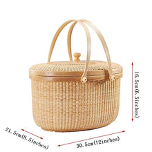 ZYBB Picnic Basket Easter Basket Handmade Rattan Basket with Lid and Wooden Bottom with Double Folding Handles Large Basket 30.5X21.5X16.5cm(Color:Brown)