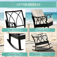 Hassyee Stylish Patio Rocking Chair w/Back & Seat Cushions for Garden, Modern Porch Rocker w/Black Aluminum Frame & PE Rattan Accents for Backyard, Outdoor Rocking Armchair w/High Back for Deck