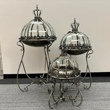 Set of 3 Glass Dome Terrariums with Iron Stands, Frosted Silver