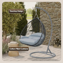 LeisureMod Hanging Egg Chair with Stand for Indoor Outdoor Wicker Patio Swing Chair Open Weave Basket Design with Cushion Metal Frame for Patio Garden Balcony (Grey Frame Light Grey Cushion)