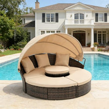 BAIESTWANG Outdoor Rattan Round Daybed with Canopy, Bali Patio Lounge Sofa Bed with Lift Coffee Table, 4-Piece Clamshell Sectional Seating, Removable Washable Cushions Beige