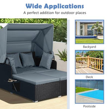 Salches Outdoor Rattan Daybed with Retractable Canopy, High-Resilient Soft Cushions, Foldable Side Trays, Outdoor Bed Loveseat for Garden, Backyard, Porch (Gray)