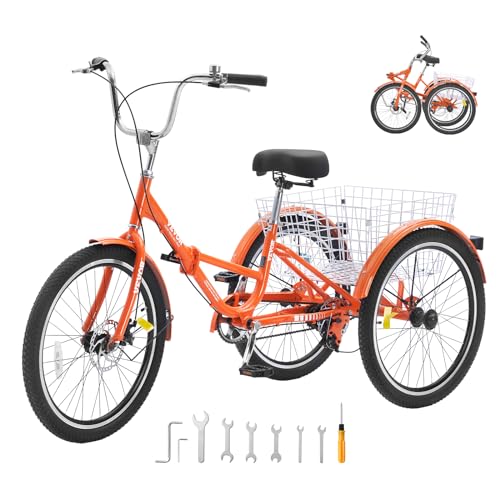 VEVOR Folding Adult Tricycle 26-Inch Lightweight Aluminum Alloy 3 Wheel Cruiser Bike with Large Rear Basket Orange