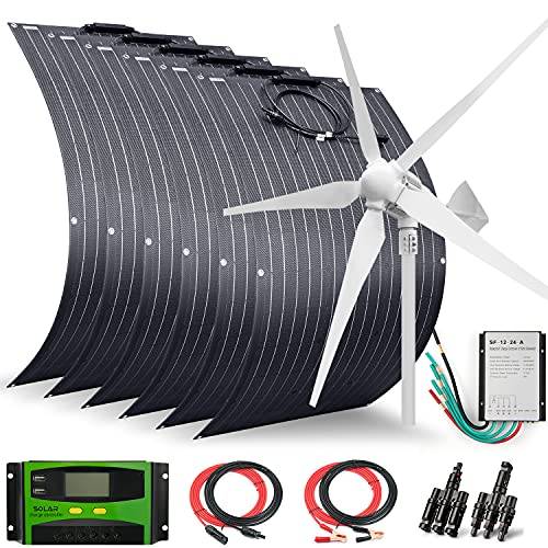 AUECOOR 1600 Watts 24 Volts Solar Wind Hybrid System Kit:6pcs 100W ETFE Flexible Monocrystalline Solar Panel+1000W Wind Turbine Generator+Accessories