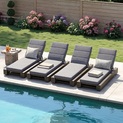 Merax Outdoor Grey Acacia Wood Chaise Lounge Chair Set of 4, Adjustable Backrest Patio Recliner with Grey Water-Resistant Cushion for Poolside, Deck & Backyard