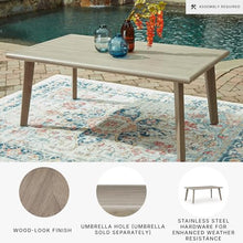 Signature Design by Ashley Haven Retreat Outdoor Dining Table, Aluminum Patio Dining Table with Umbrella Hole, Wood-Look Metal Frame for Deck Gatherings, Seats 6 People, Beige