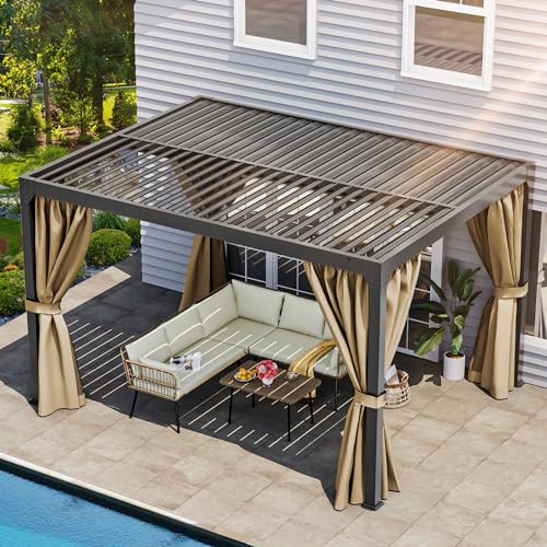 YITAHOME 10x13ft Louvered Aluminum Pergola with Adjustable Roof and Netting Brown