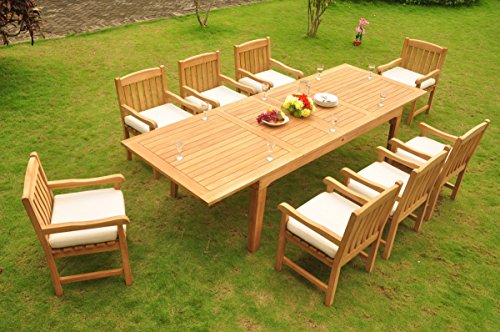 New 9 Pc Luxurious Grade-A Teak Wood Outdoor Dining Set - Very Large Caranasas 122" Double Extensions Double Extensions Premium Dining Rectangle Table and 8 Devon Arm / Captain Chairs #WHDSDVs