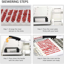 10 Holes Stainless Steel Meat Skewer Machine, BBQ Grill Shish Kebab Maker, with 100 Sticks, Extended Handle, Dual Pressure Bearings, for Commercial Restaurants Outdoor Picnic