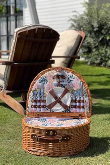 Handmade Wicker Picnic Basket Set for 4 People with Insulated Compartment, Leaf Pattern, Oval Shape 19 x 14.2 x 8.3 inches - Brown and Pink