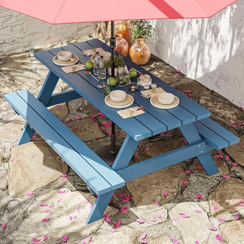 TRAGLO Wooden Picnic Table with Bench Outdoor Camping Table Chair Set 6 Person Patio Dining Table with Umbrella Hole for Deck Lawn Garden Backyard(Blue,120x55x60cm)