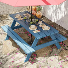TRAGLO Wooden Picnic Table with Bench Outdoor Camping Table Chair Set 6 Person Patio Dining Table with Umbrella Hole for Deck Lawn Garden Backyard(Blue,120x55x60cm)