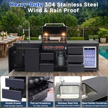 Modular Stainless Steel Outdoor Kitchen Island,All-in-One BBQ Grill Station with Sink,Storage Drawers, Side Prep Counter (114 IN Black Sink Fridge, 114", Propane Gas Grill)