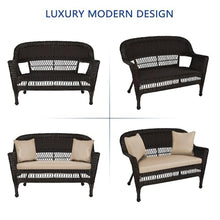 Jeco Wicker Patio Love Seat and Coffee Table Set with Tan Cushion, Black