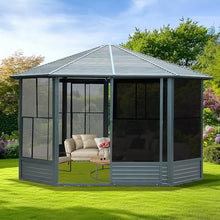 13x13 FT Sunroom, Four Season Enclosed Hardtop Gazebo with Galvanized Steel Roof, Aluminum Octagonal Solarium Sun Room with Movable PVC Screen Walls, Sliding Doors, Metal Hard Top Gazebo for Patio