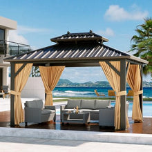 GAOMON Hardtop Gazebo 10x13ft with Nettings and Curtains, Heavy Duty Double Roof for Patio, Backyard, Deck, Lawn Brown