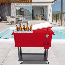 80 Quart Rolling Cooler Cart on Wheels Portable Ice Chest Bar Drink Cooler Outdoor Cold Drink Beverage Cart with Shelf, Bottle Opener, Water Pipe and Cover, for Backyard Patio Deck Party (Red)