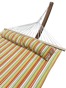 Petra Leisure 14 Ft. Wooden Arc Hammock Stand + Deluxe Quilted Double Padded Hammock Bed w/Pillow. 2 Person Bed. 450 LB Capacity(Teak Stain/Spring Stripe)