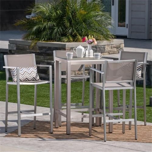 Noble House Cape Coral Outdoor 5 Piece Glass Top Aluminum Bar Set Grey
