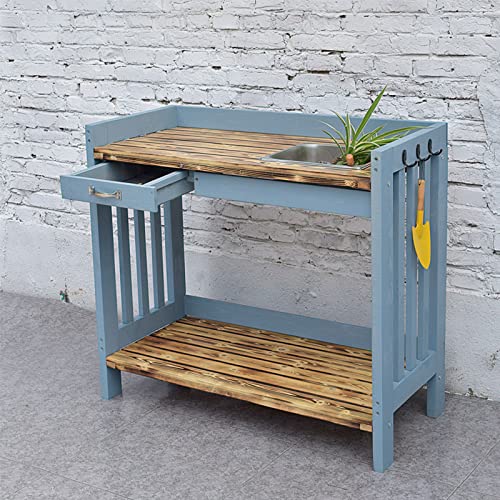 Wood Outdoor Potting Bench with Storage Shelf - Patio Garden Work Station Table - Gardening Workbench for Porch, Greenhouse, Backyard, Patio and Balcony - with Storage, Drawer, Hook (Blue S
