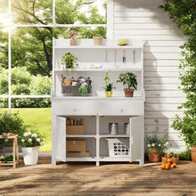 ChicFurnit Fir Wood Garden Potting Bench Table 65-inch Workstation with Storage Shelf Drawer Cabinet White