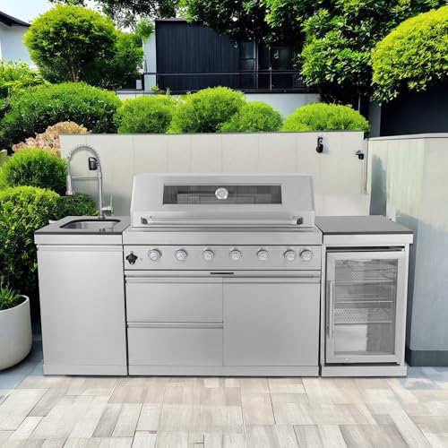 85Inch Stainless Steel Gas Grill Island for Outdoor Kitchen Bar Barbecue | 6-Burner, 85000 BTU, Wine Cooler, Compact Refrigerator, Rotisserie, Granite Countertops, Storage Cabinets & Drawers