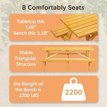 YOPTO 8 Person Wood Picnic Table with 2 Built-in Benches and Umbrella Hole, Outdoor Rectangular Camping Dining Table with 2 Seats,for Garden, Backyard, Porch, Patio,Natural