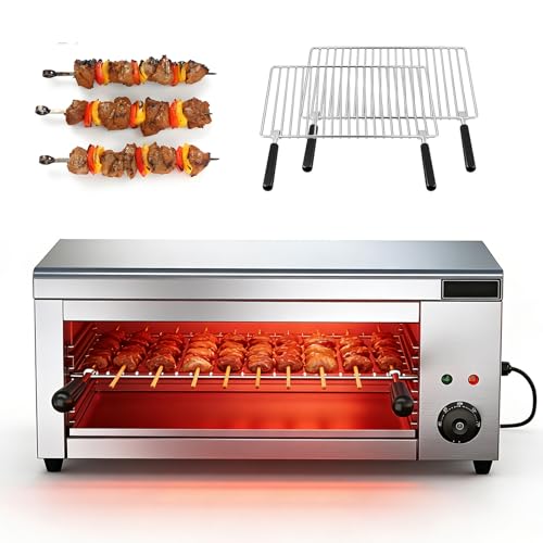 Fablestoryem Commercial Salamander Broiler, Electric BBQ Grill, Steak Oven, Kebab Grill, Cheese Melter, Fish Grill, 2 Detachable Grill Racks, Stainless Steel, 24×12×11in, Wall Mount/Countertop, 110v