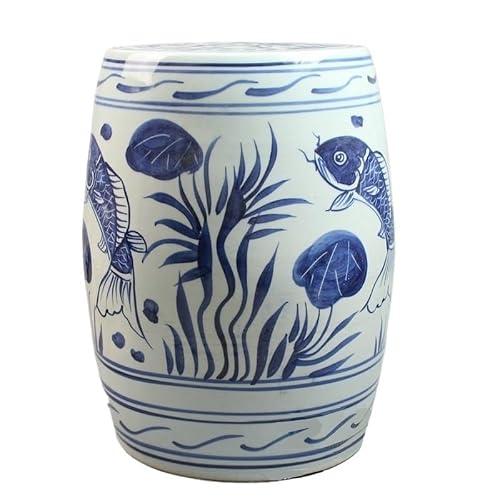 LINKIO Garden Stool Hand-Painted Ceramic Garden Stool, Blue Landscape with Fish Pattern, Decorative Accent Table for Living Room and Courtyard Ottomans(A)