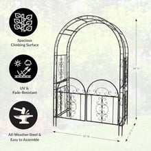 Plow & Hearth Arch Metal Outdoor Garden Arbor Double Gate | Montebello | 7 Feet Tall | Gunmetal Black | Steel Iron Trellis Lattice Climbing Plants & Heavy Vines