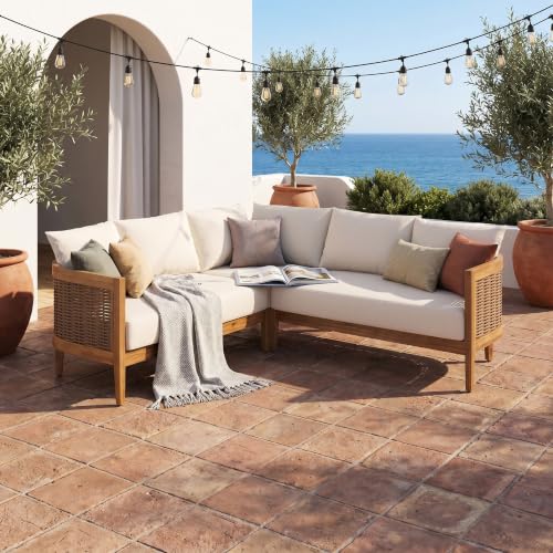 Merax Rattan Outdoor Acacia Wood V-Shaped Sectional Sofa with Cushions