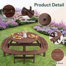 Festisoul Round Solid Fir Wood Picnic Dining Table for 10-12 People, Brown, 4 Built-in Curved Benches, 2" Umbrella Hole, 2,220-Lb Capacity for Patio, Garden & Backyard