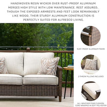 BOWERY HILL Patio Loveseat, Medium Brown Finish, Handwoven All-Weather Resin Wicker, Rust-Proof Aluminum Frame, Plush Cushions and Nuvella Fabric, 58.25" W x 36" D x 39" H Outdoor Sofa for Alfresco