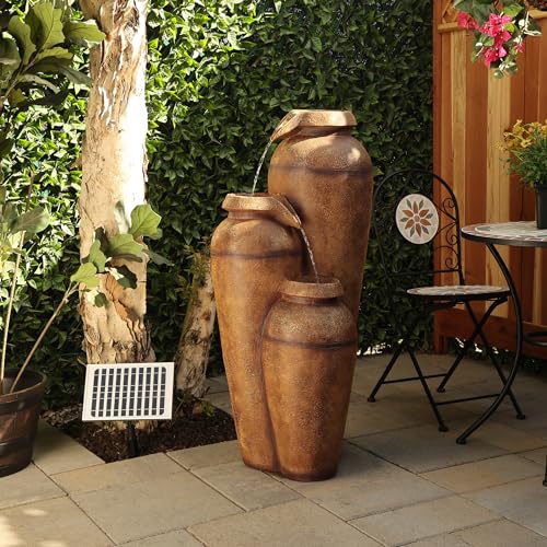 Alpine Corporation TZL258SLR-BR 43" 3 Tier Solar Water Fountain with LED Lights, Solar-Powered Outdoor Water Feature for Garden, Yard, and Patio Decor, Brown
