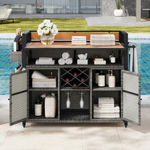 Merax 52.8" W Wicker Outdoor Grill Cart with Extended Plastic Wood Table Top, Rolling Kitchen Island on Wheels with Storage Cabinet, for Patio Backyard Garden Poolside, Double Handle Design, Grey