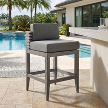 Outdoor Escape Gray Eucalyptus Wood Outdoor Patio Counter Stool with Cushions, Modern Square Seat, Durable Frame, Comfortable Gray Olefin Cushions