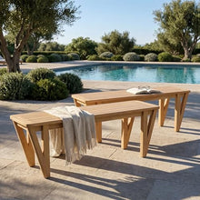 Christopher Knight Home Cleo Acacia Wood Outdoor Dining Bench Set Of 2, Rectangular Patio Benchs with V-Shaped Legs, Slat Panel Outdoor Seating, Weather Resistant Garden Bench for Backyard, Light Teak