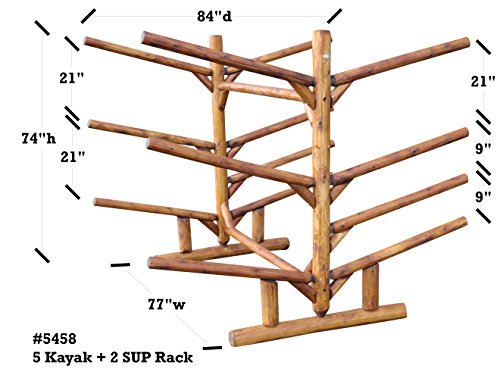 Log Kayak Rack 5 Kayak or Canoe Plus 2 SUP or Surfboard Canyon Brown Finish
