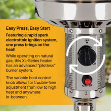 Golden Flame XL-Series Natural Gas Patio Heater, 45,000 BTU, 89" Tall, Push-Button Ignition, Anti-Tilt Safety, Wheels, Hammered Silver/Pewter