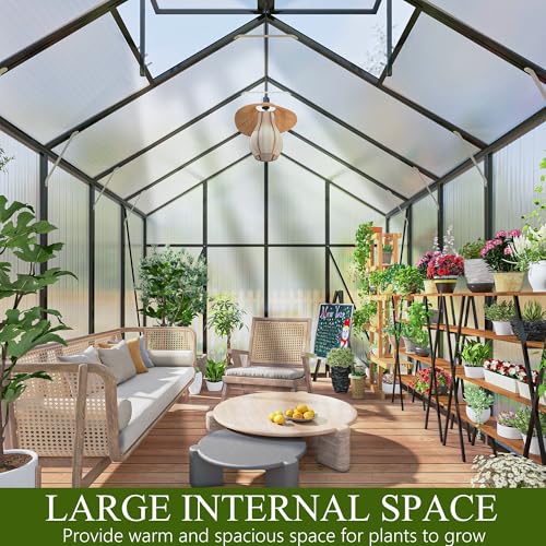 Vigo Huseeo 7.8FT High Polycarbonate Greenhouse with Roof Vent and Wind Protection Black