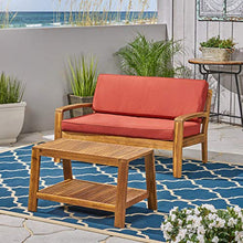 Great Deal Furniture GDFStudio Outdoor Teak Finished Acacia Wood Loveseat and Coffee Table Set with Red Water Resistant Cushions