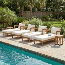 Christopher Knight Home Oida Acacia Wood Chaise Lounge Chair Outdoor Set of 4 with Coffee Table, Set of 4 Patio Chaise Lounge with Cushion, Outdoor Sun Lounger with Side Table Set, Teak+Beige