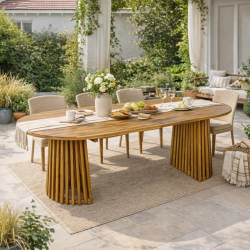 GDFStudio 83" Oval Dining Table with Racetrack Top, Outdoor Acacia Wood Dining Table for 6-8, Large Garden Dining Furniture, Slatted Pedestal Outdoor Furniture, Teak