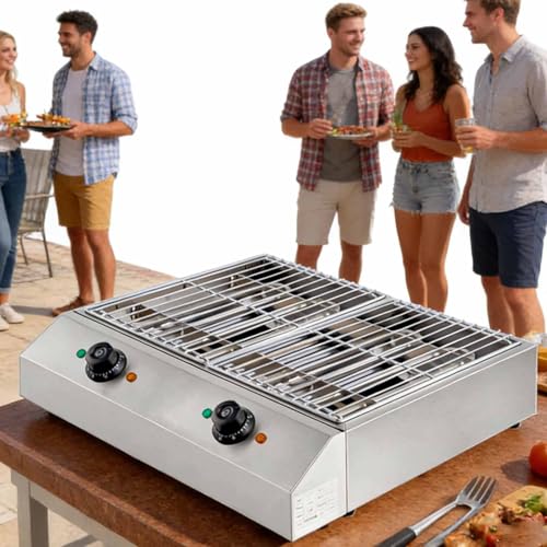 Thickened and Durable Commercial Electric Barbecue Grill, Stainless Steel Smokeless Portable BBQ Grill, 122-572 ℉ Temperature Control, Detachable Drip Tray & Easy To Clean, for Camping