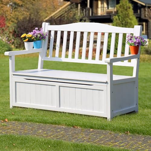 Gtzly Outdoor Storage Bench with Armrest and Backrest for Deck Porch, Wooden Bench with Storage Space, White