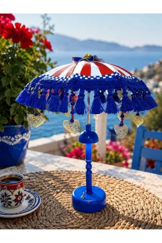 SODEF Missidea Passion Flower Decorative Bali Umbrella Lamp 11.8 x 15.7 inches Red Blue Handmade with Tassels and LED Light for Bohemian Home Decor - Blue