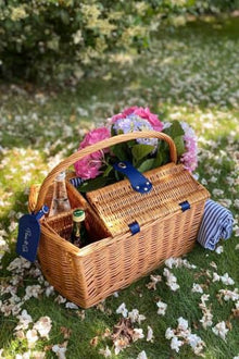 4 Person Handmade Wicker Picnic Basket Set Square Design with 59.1 x 59.1 in water-resistant Blanket - Kahve rengi ve mavi