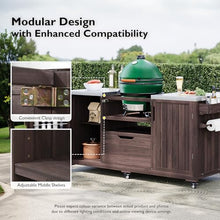 Outdoor Kitchen Island, Solid Wood Grill Cart with Stainless Steel Top, 66.5" Design with Drawer, Compatible with Big Green Egg & Kamado Joe, Dark Brown Outdoor Grill Station for Backyard Patio