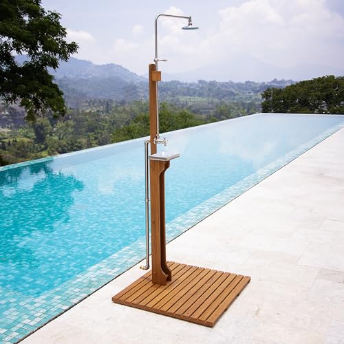 Cambridge Casual Dussi Teak Wood Outdoor Freestanding Pool Shower, Teak Wood, Adjustable Outdoor Head Rain Shower, Perfect for Pool, Beach, and Backyard